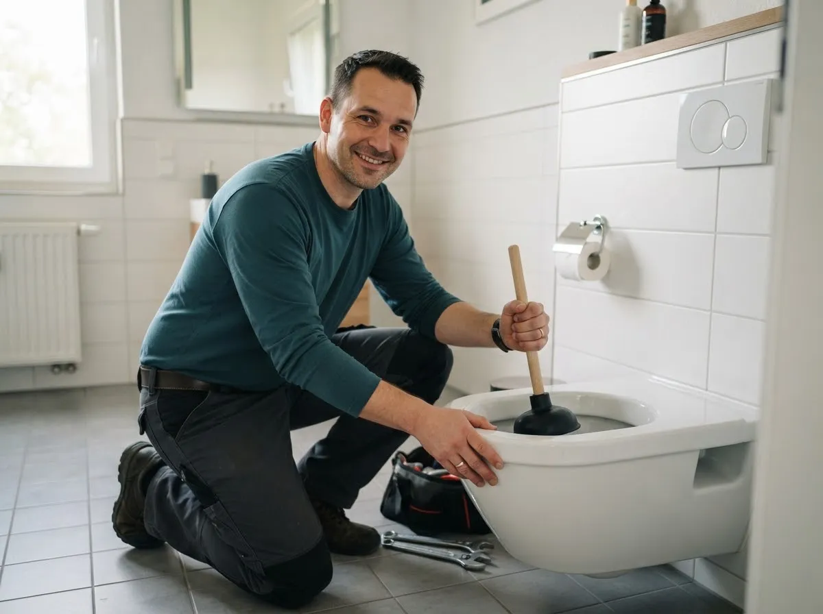 Toilette verstopft: Techniker im Einsatz